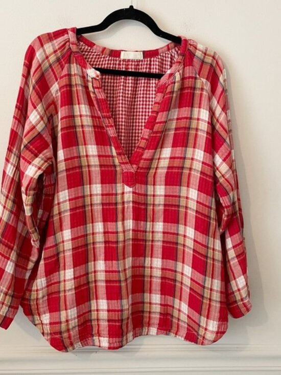 CP Shades Plaid 100% Cotton Gauze Popover Top Red Size S Fall Boho Western USA - Picture 1 of 7